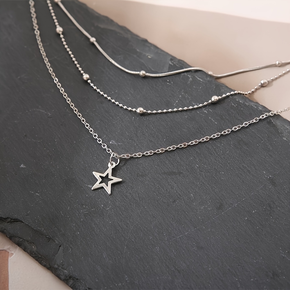 Women's Triple Layer Beaded Necklace with Star Pendant